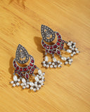 Handcrafted German Silver Ruby Studded & Pearl Beaded Drop  Earrings