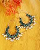 Green stone German Silver Hoop Earrings