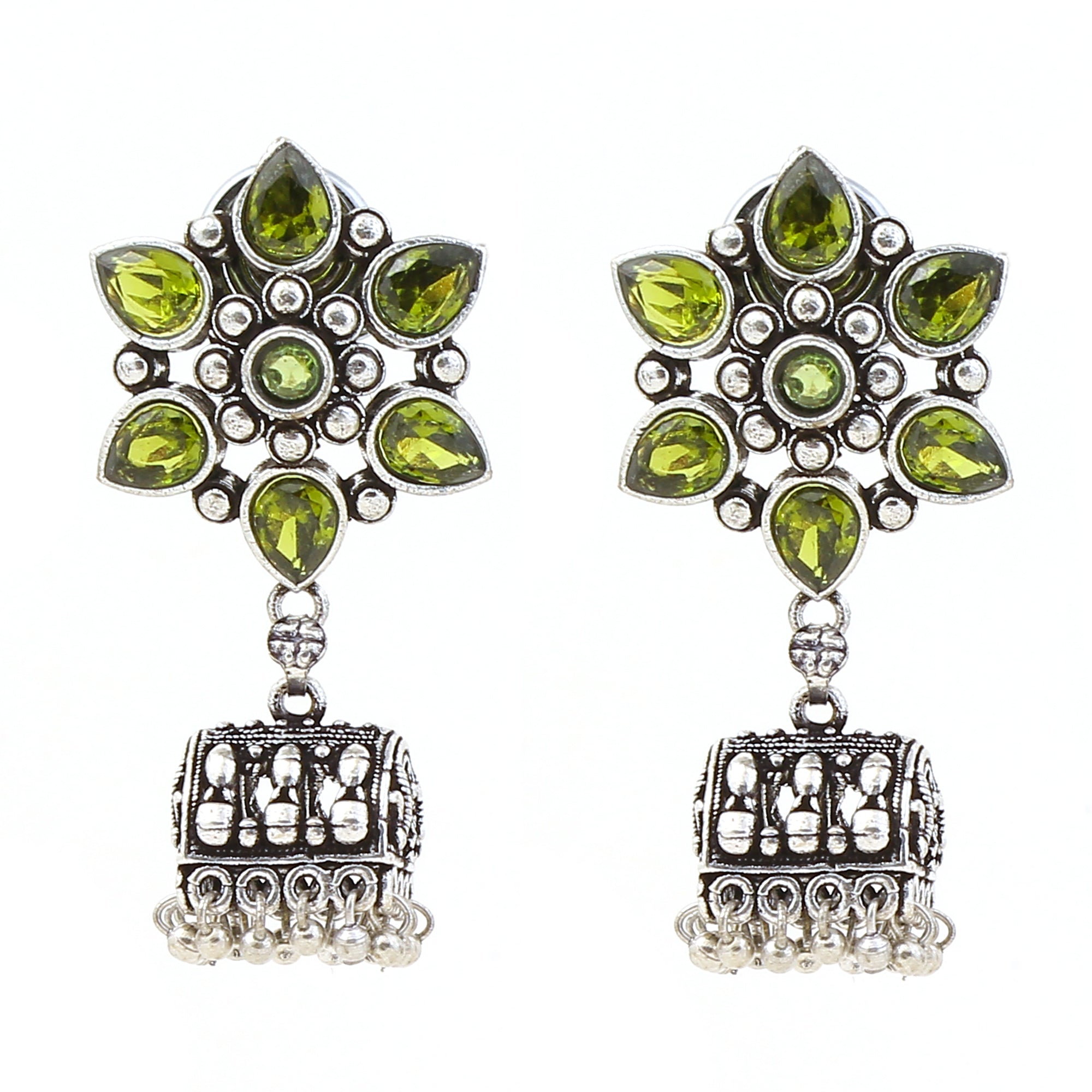 Green Floral German Silver Jhumka