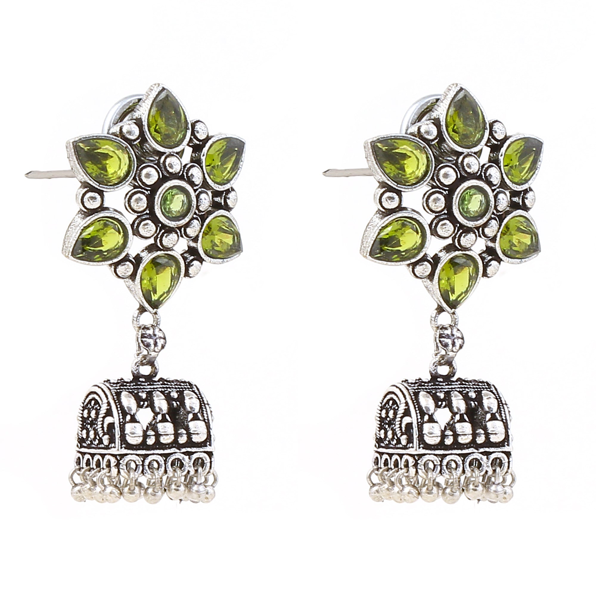 Green Floral German Silver Jhumka
