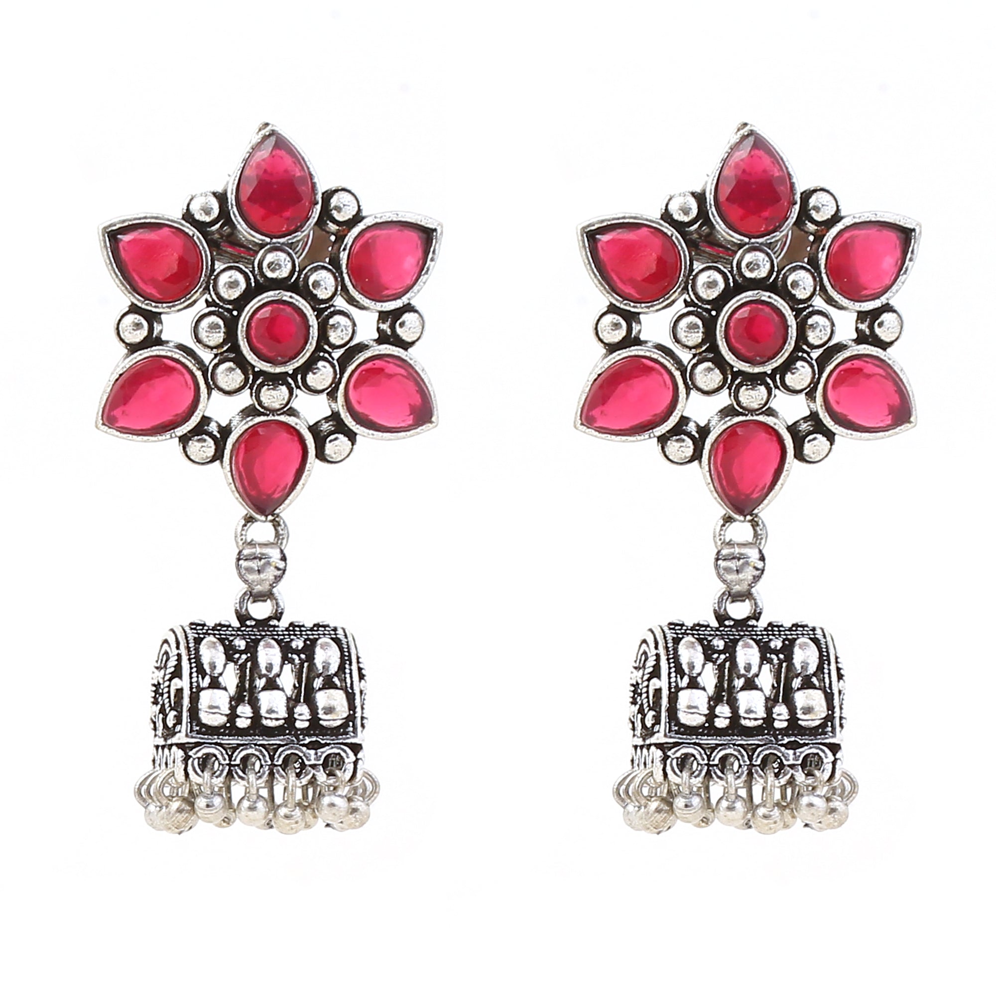 Ruby Studded Floral German Silver Jhumki