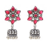 Ruby Studded Floral German Silver Jhumki