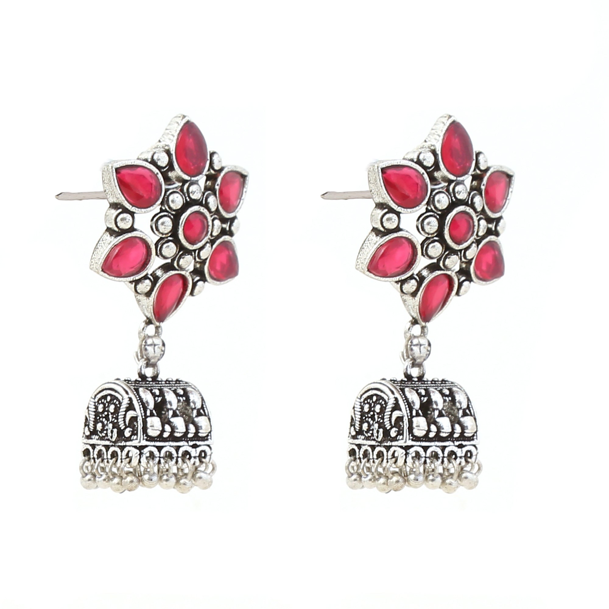 Ruby Studded Floral German Silver Jhumki