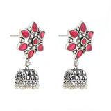 Ruby Studded Floral German Silver Jhumki