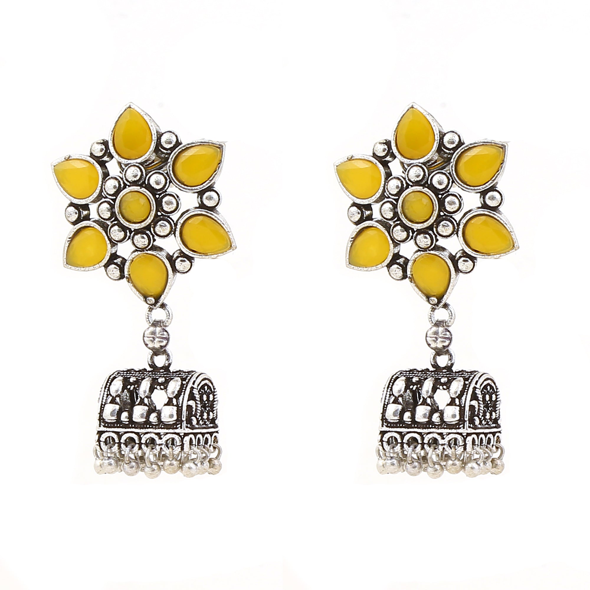 Yellow Floral German Silver Jhumki