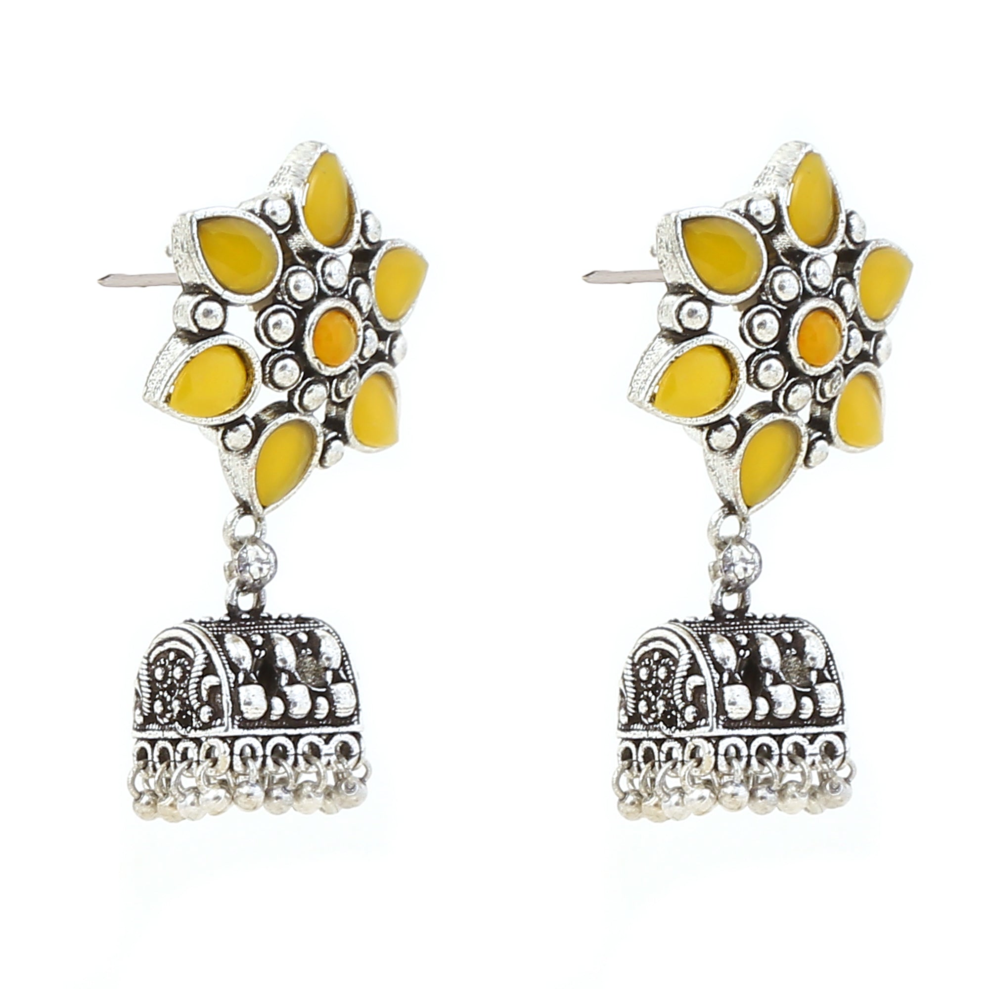 Yellow Floral German Silver Jhumki