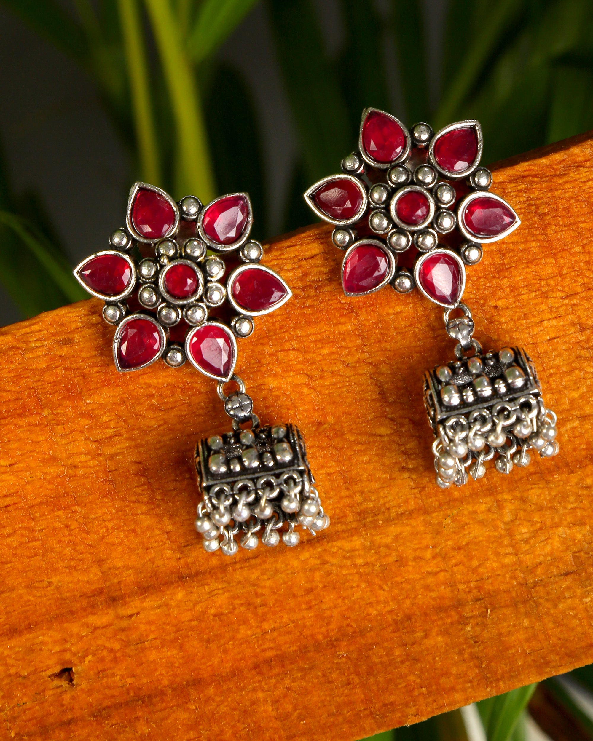 Ruby Studded Floral German Silver Jhumki