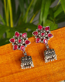 Ruby Studded Floral German Silver Jhumki