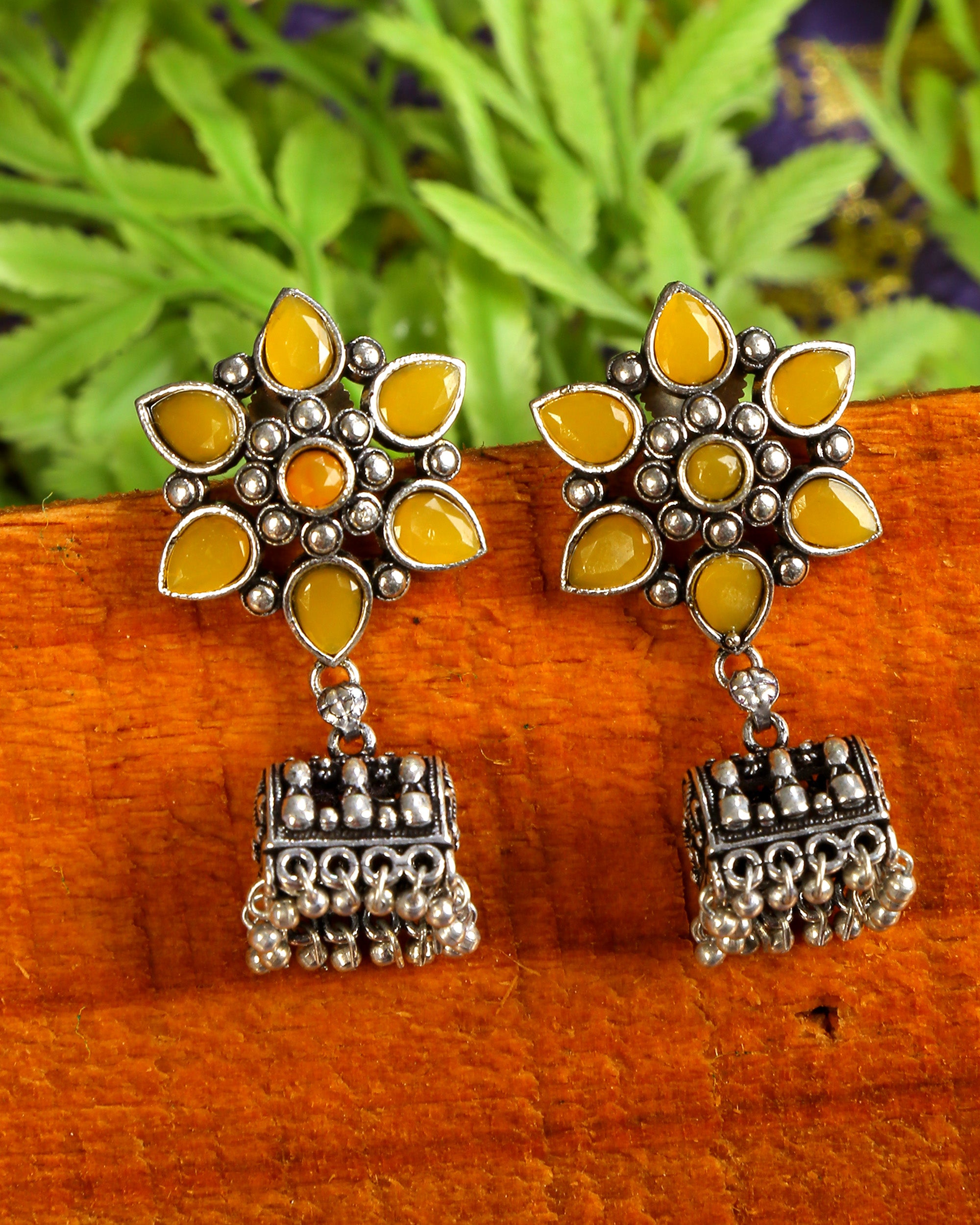 Yellow Floral German Silver Jhumki
