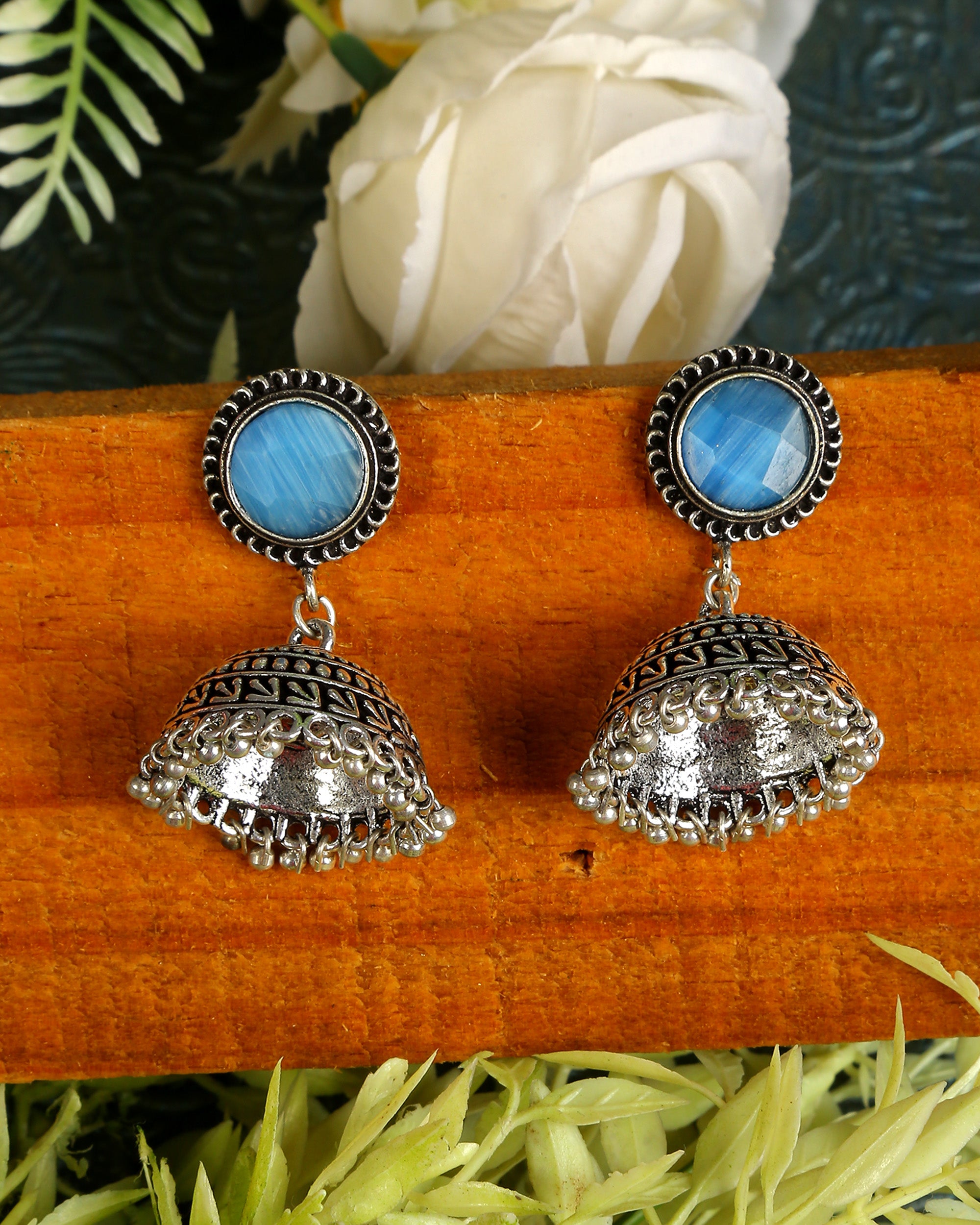Blue Silver Toned Oxidized Jhumka