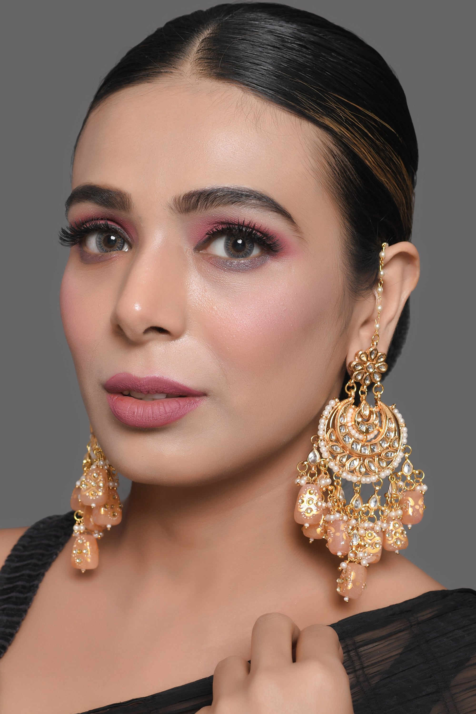 Peach Gold Tone Kundan Inspired Chandbali Earrings