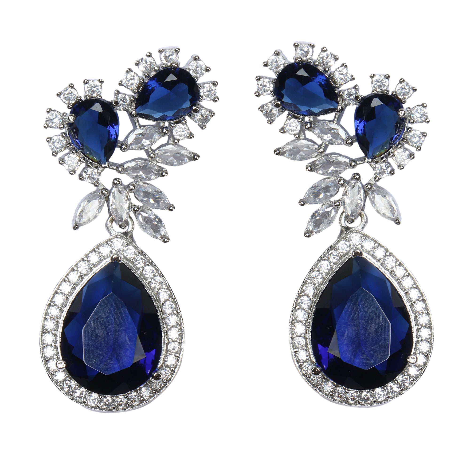 Blue Silver Plated American Diamond Tear Drop Earrings