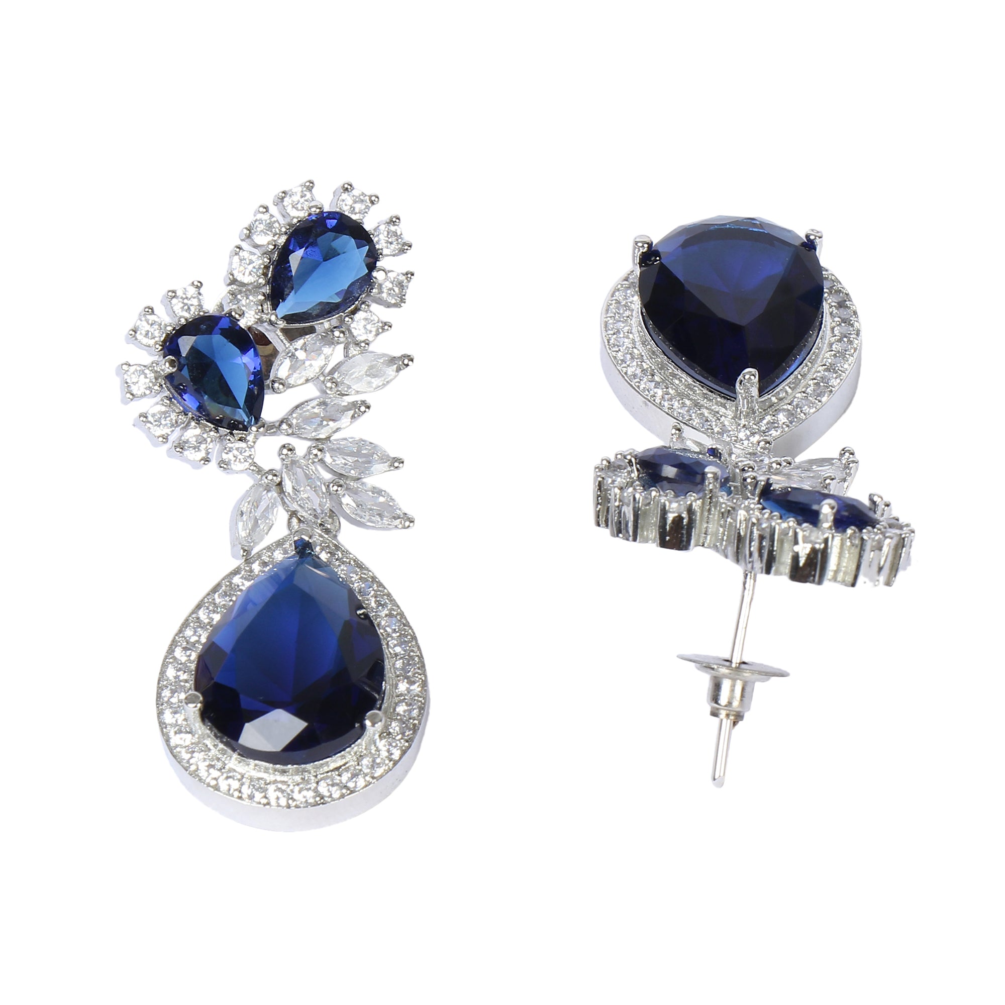 Blue Silver Plated American Diamond Tear Drop Earrings