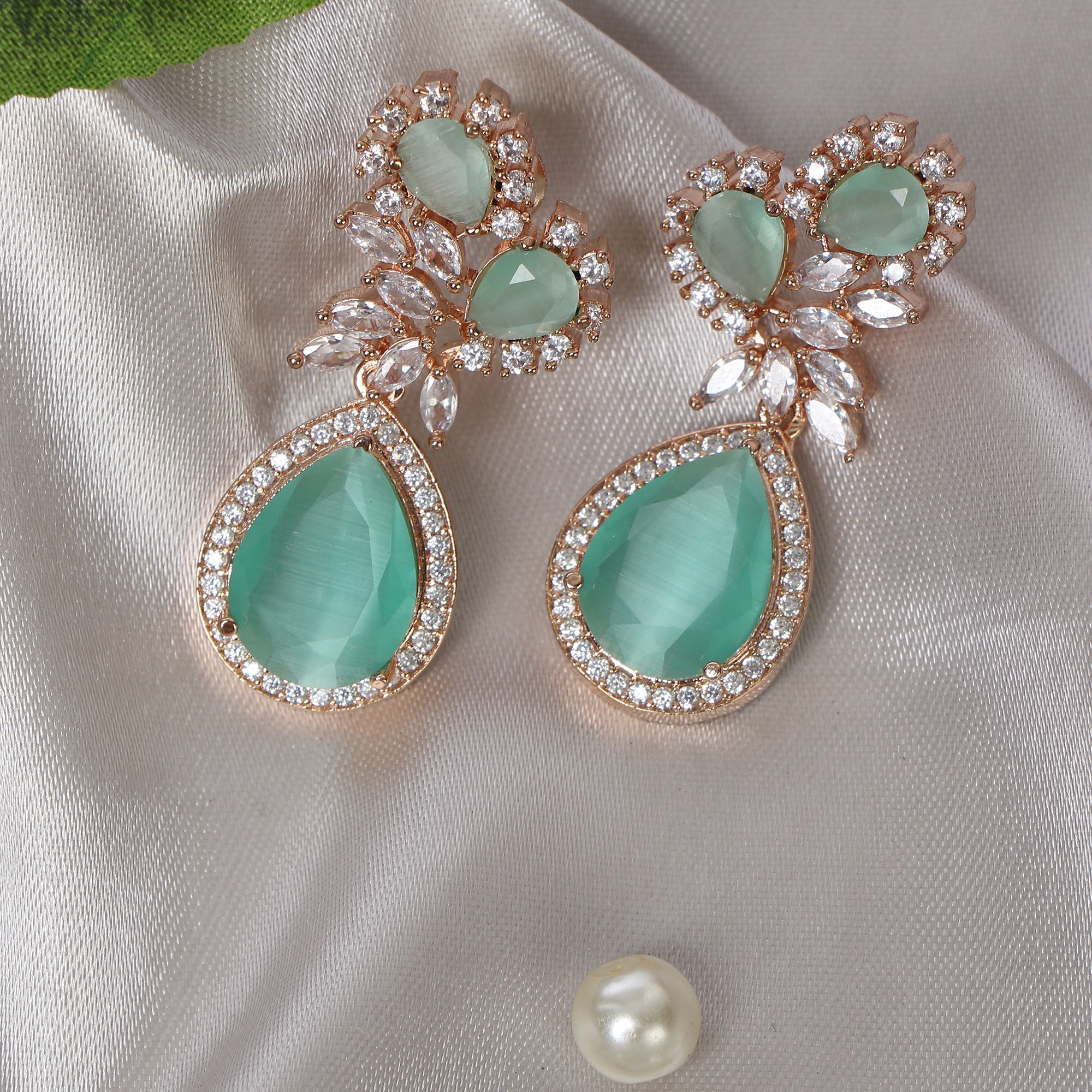 Rose Gold-Plated Green Contemporary Drop American Diamond Earrings