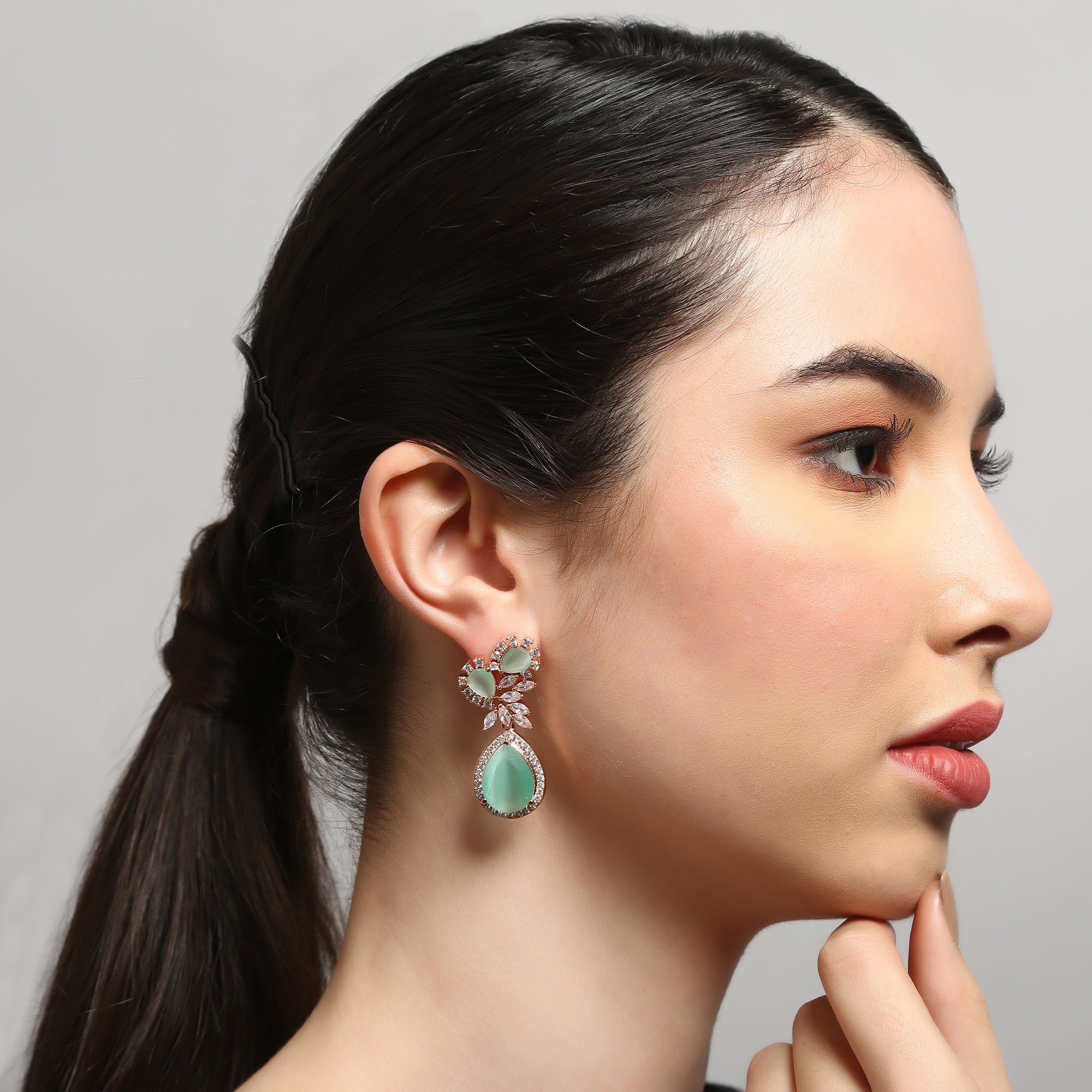 Rose Gold-Plated Green Contemporary Drop American Diamond Earrings