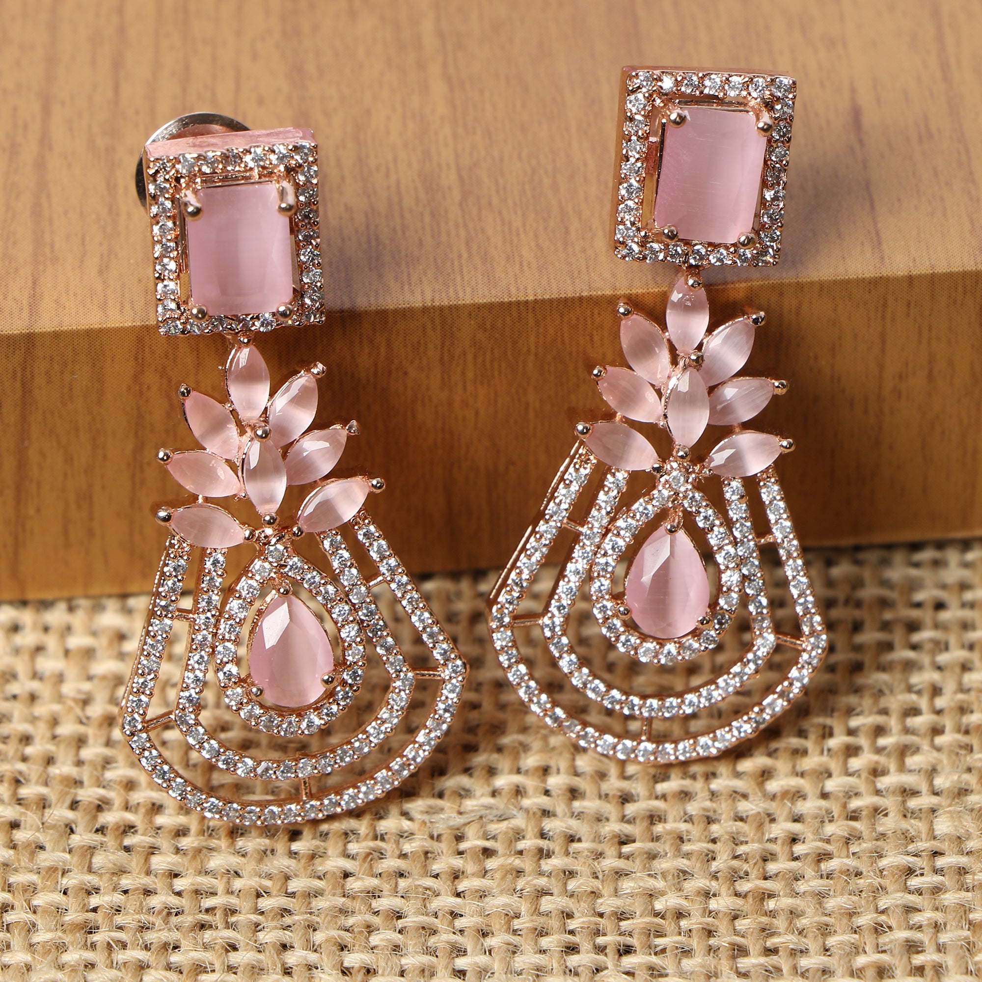 Rose Gold-Plated Pink  Drop Earrings American Diamond