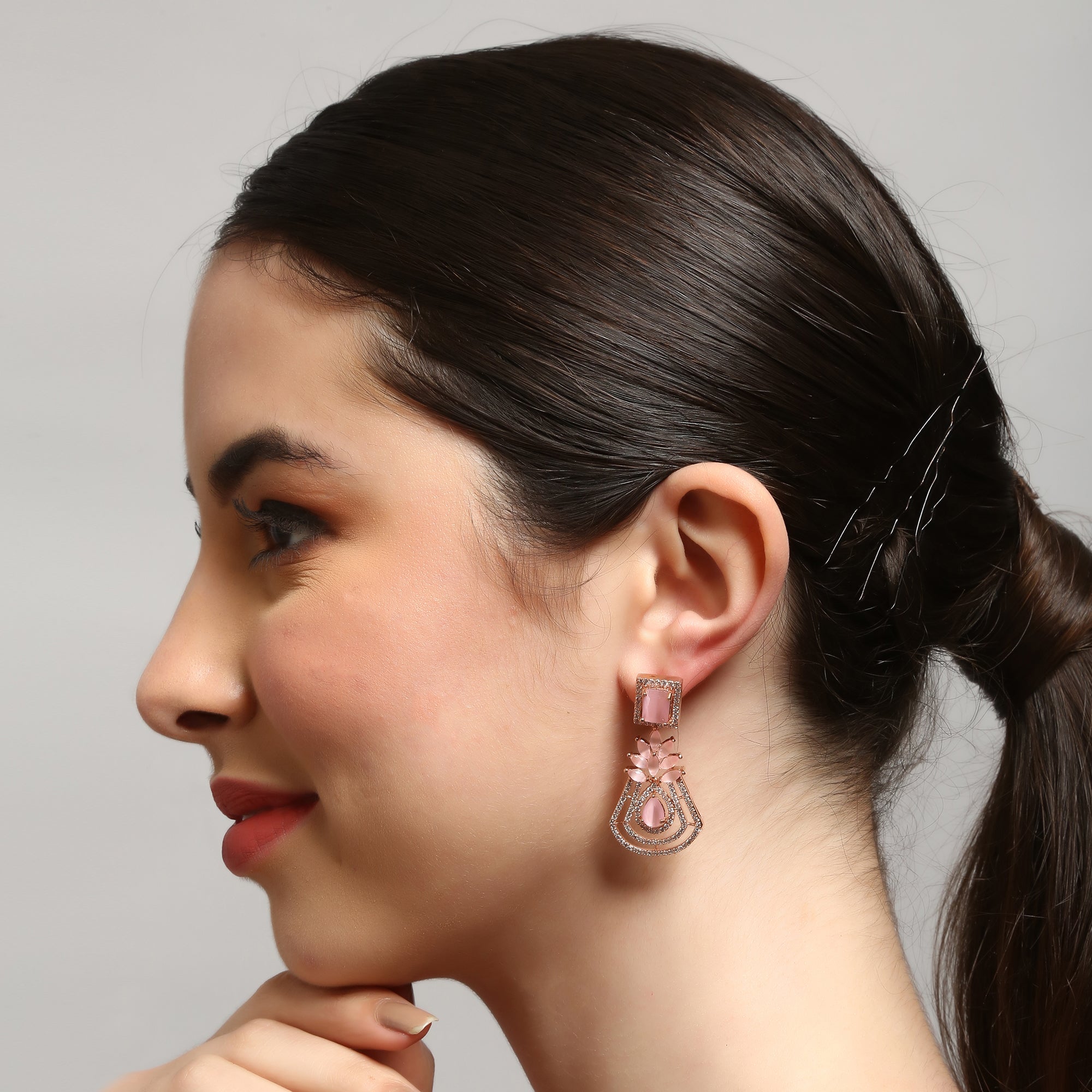 Rose Gold-Plated Pink  Drop Earrings American Diamond