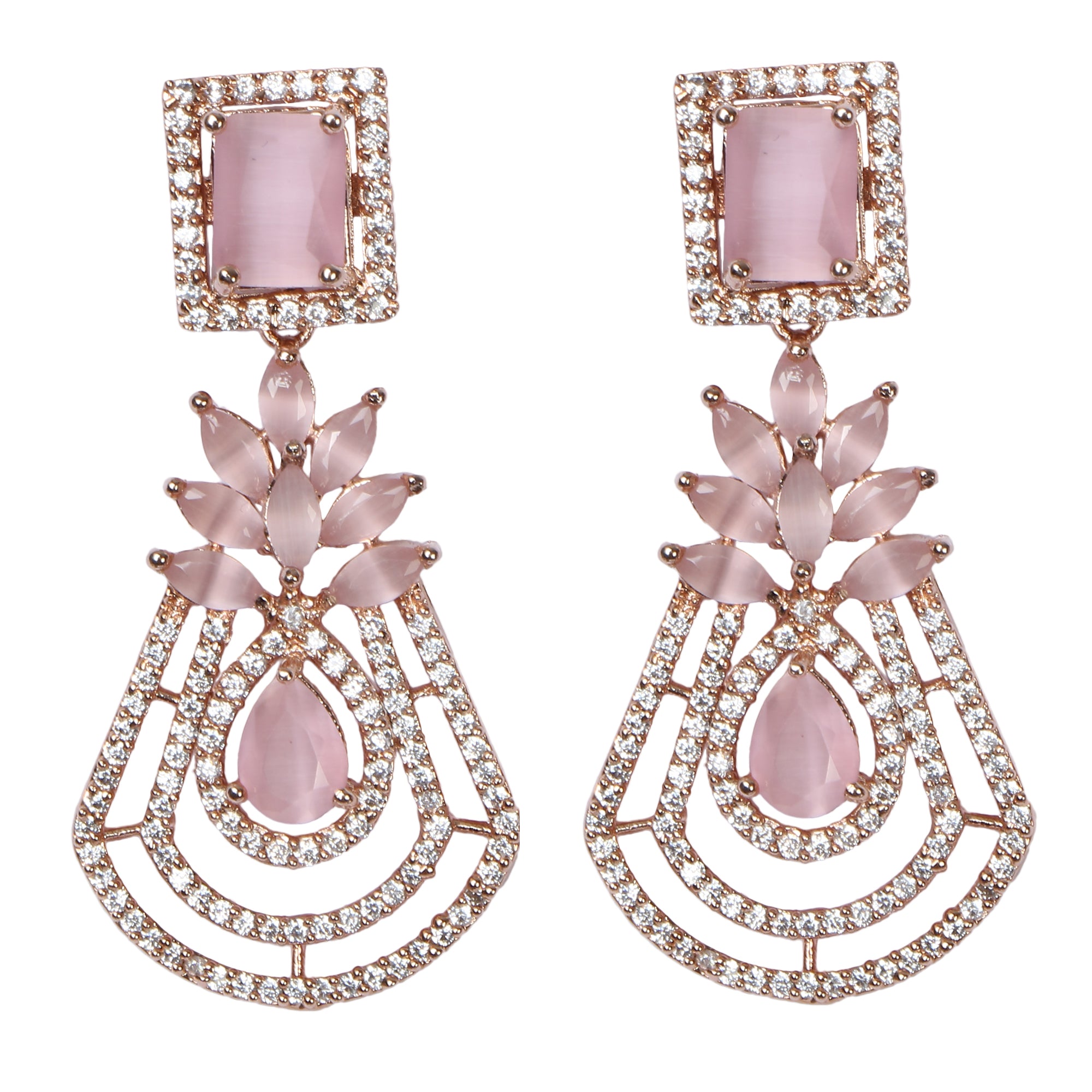 Rose Gold-Plated Pink  Drop Earrings American Diamond