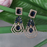 Handcrafted rose gold plated blue dangler american diamond earrings