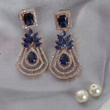 Handcrafted rose gold plated blue dangler american diamond earrings