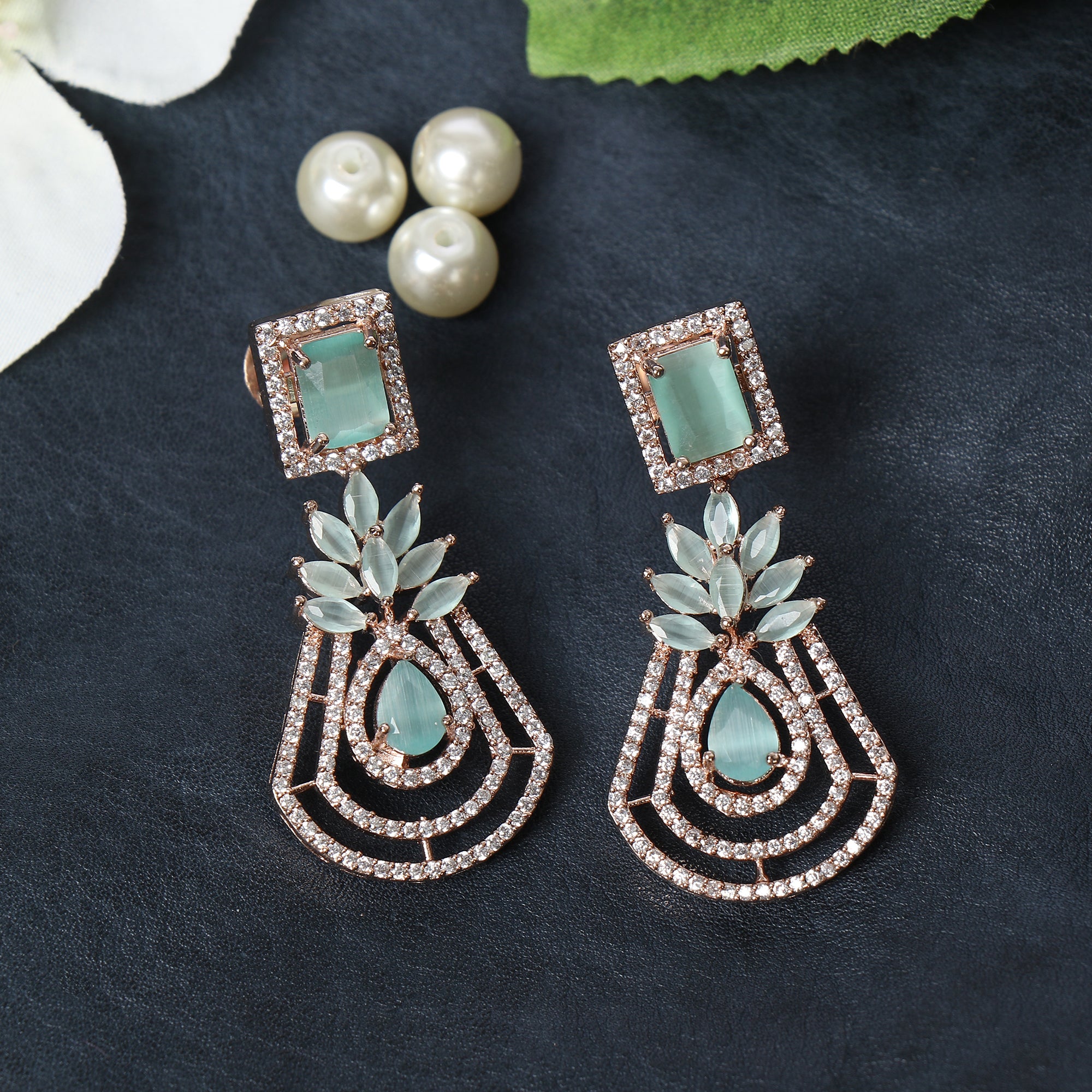 Green Rose Gold-Plated Crescent Shaped Drop American Diamond Earrings