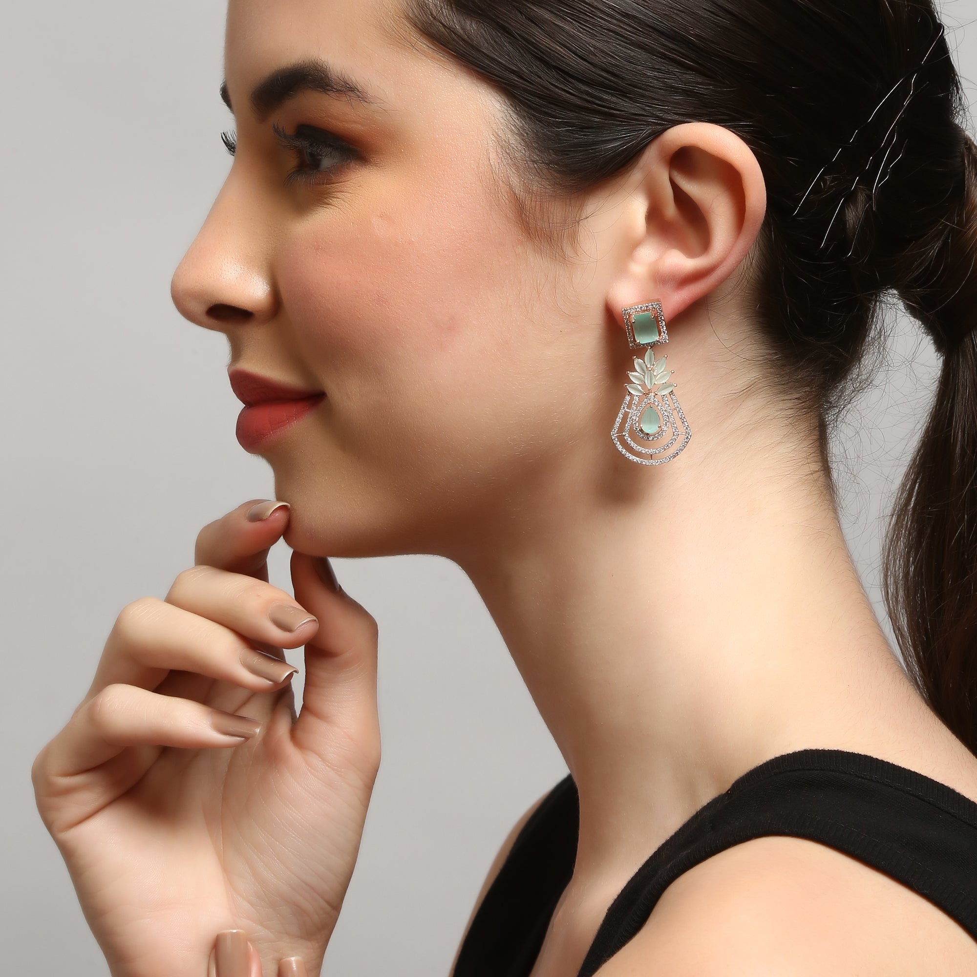 Green Rose Gold-Plated Crescent Shaped Drop American Diamond Earrings