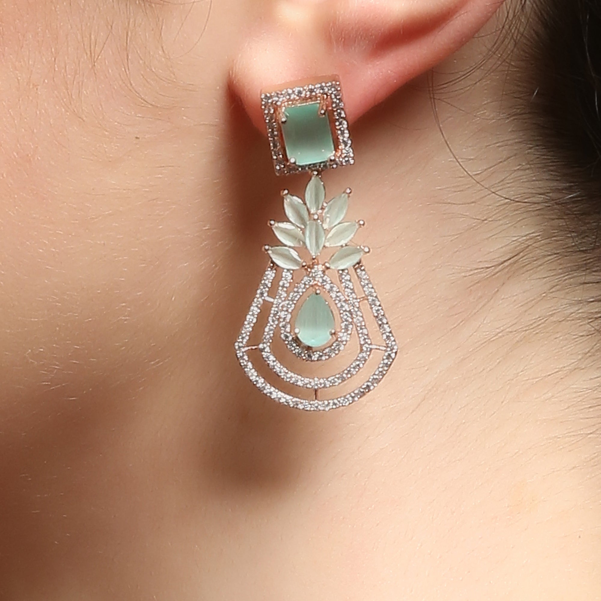 Green Rose Gold-Plated Crescent Shaped Drop American Diamond Earrings