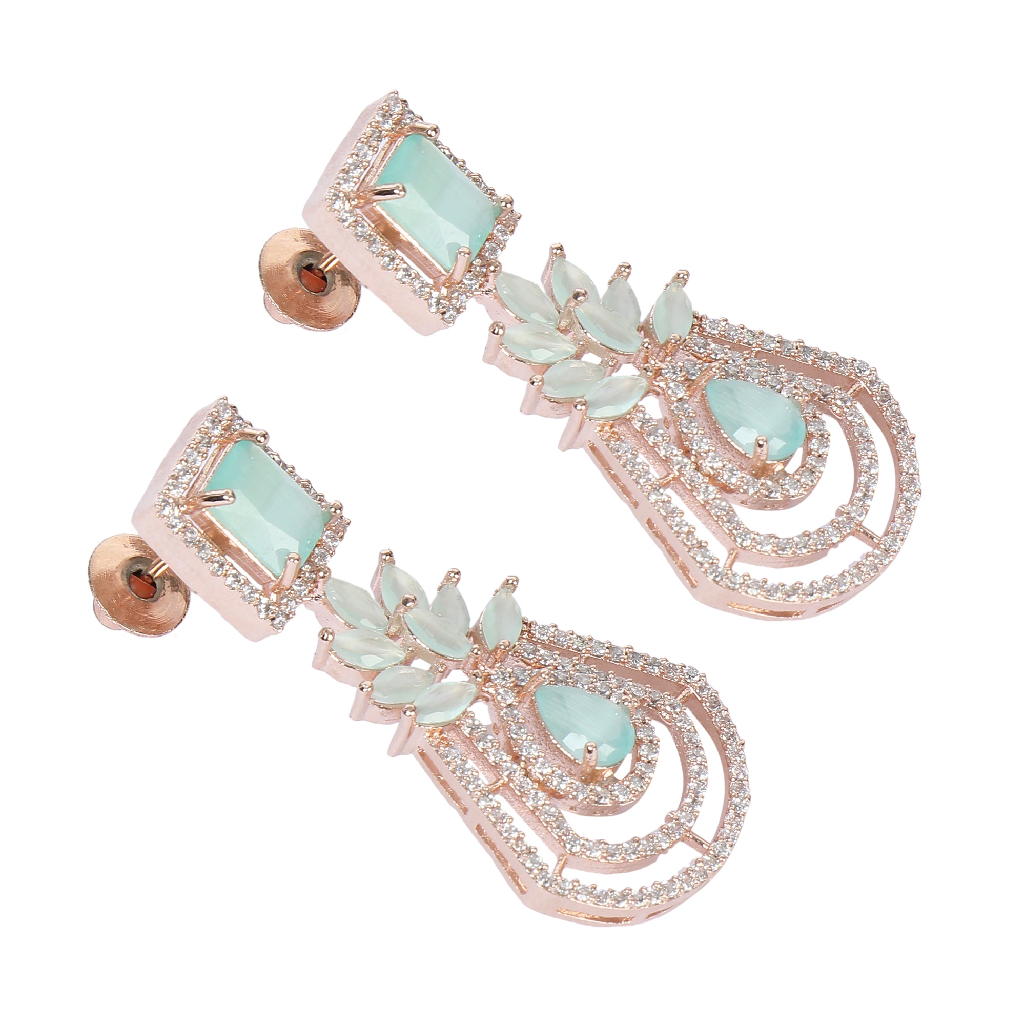 Green Rose Gold-Plated Crescent Shaped Drop American Diamond Earrings