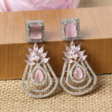 Silver-Toned Pink Contemporary Drop American Diamond Earrings