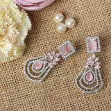 Silver-Toned Pink Contemporary Drop American Diamond Earrings