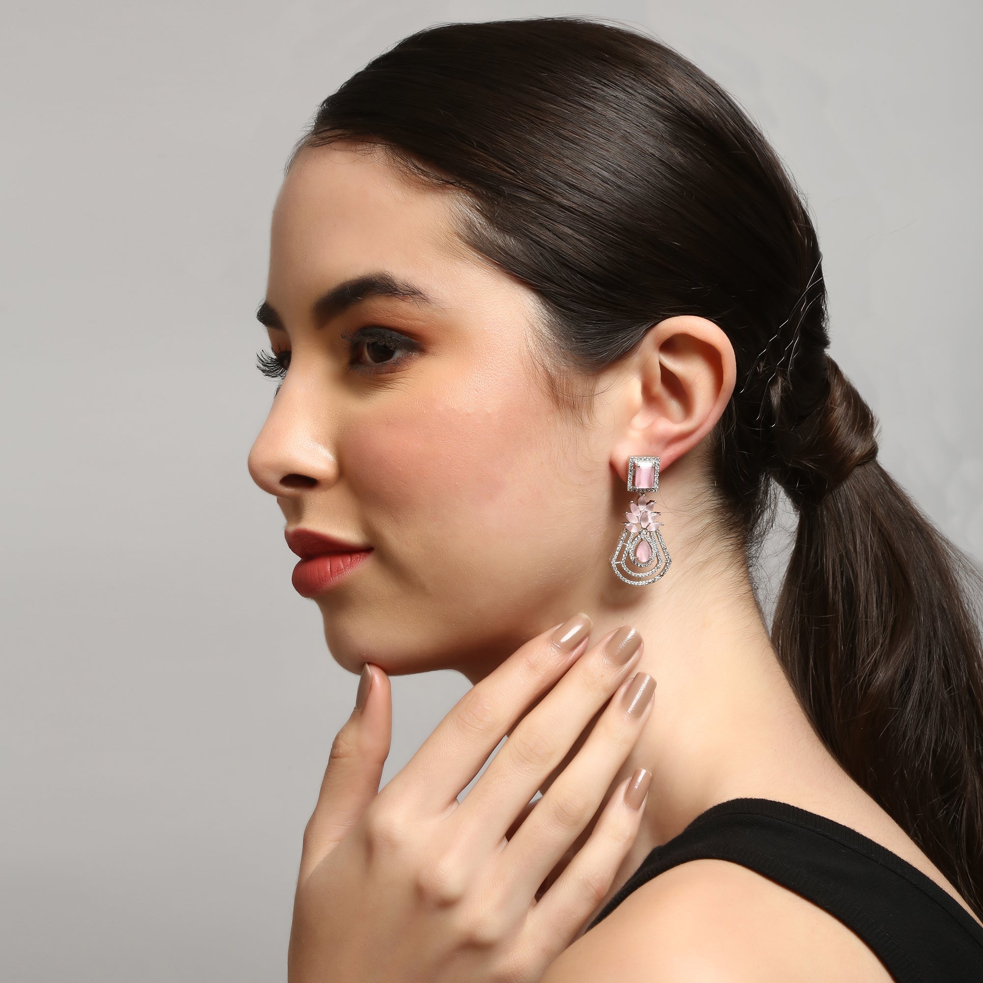 Silver-Toned Pink Contemporary Drop American Diamond Earrings