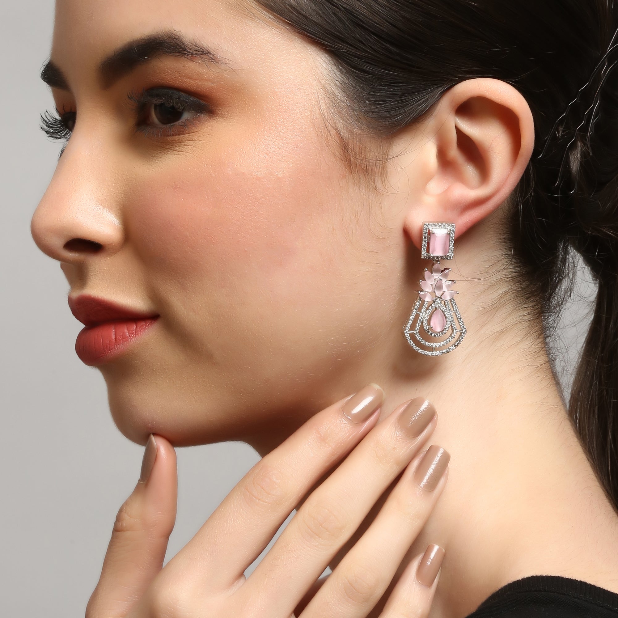 Silver-Toned Pink Contemporary Drop American Diamond Earrings