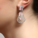 Silver-Toned Pink Contemporary Drop American Diamond Earrings