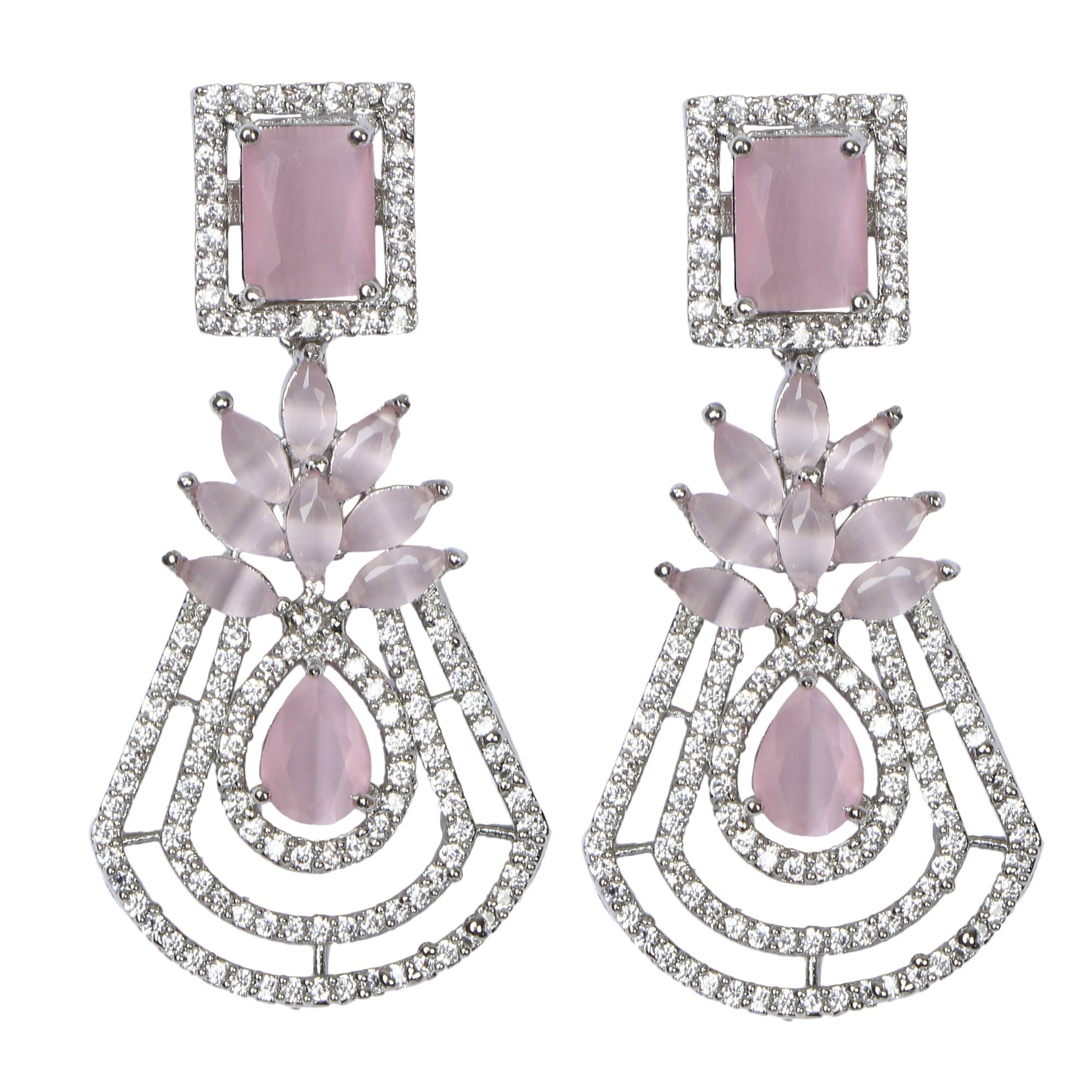 Silver-Toned Pink Contemporary Drop American Diamond Earrings