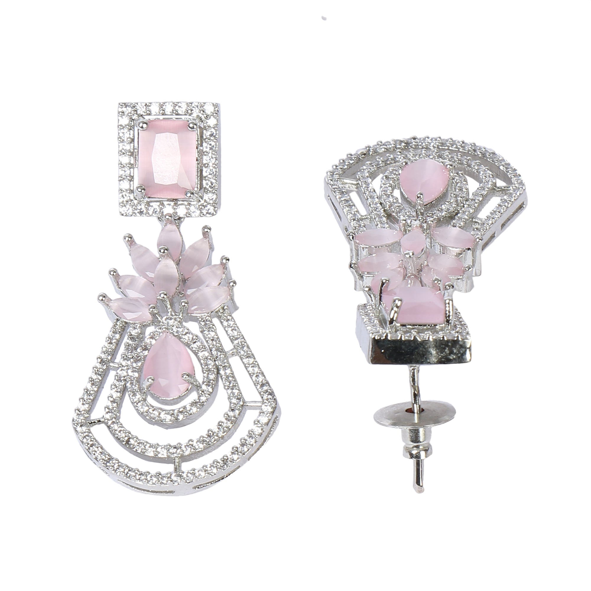 Silver-Toned Pink Contemporary Drop American Diamond Earrings