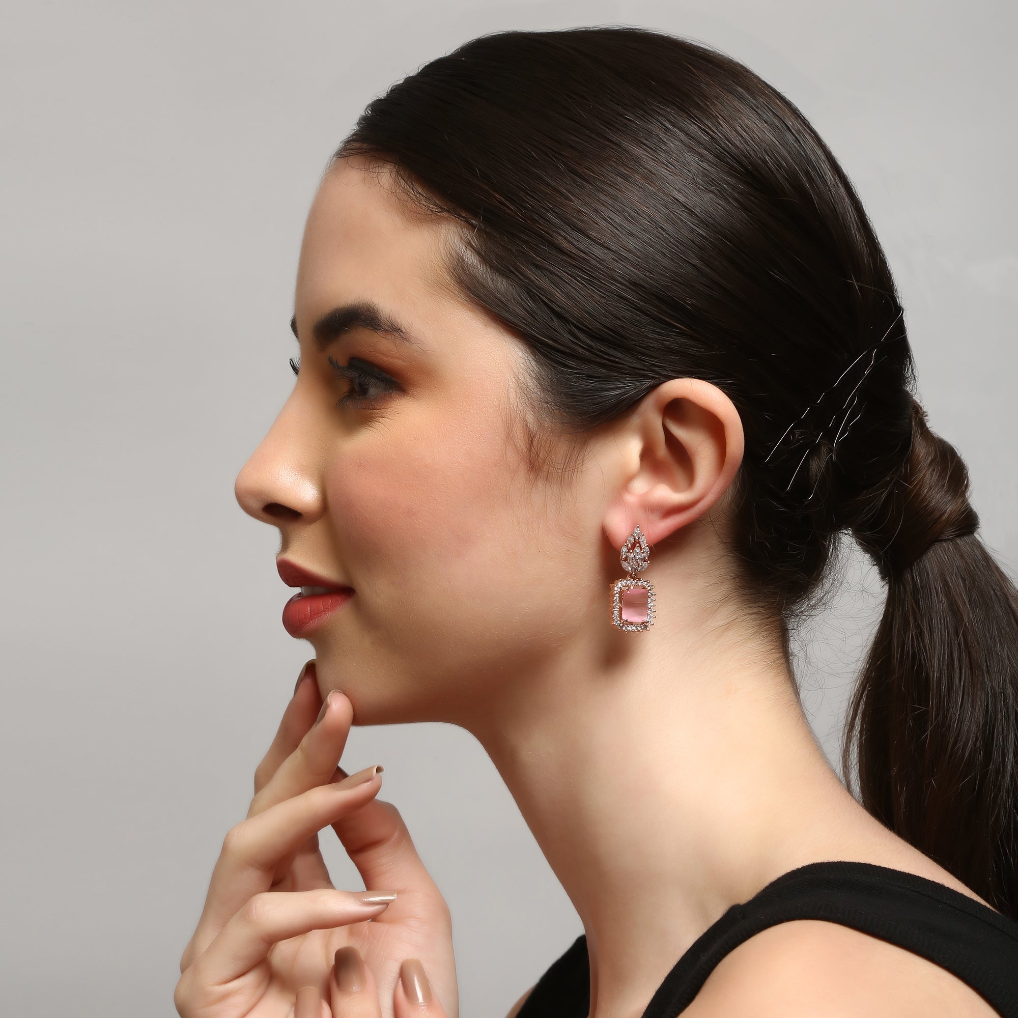 Silver Gold-Plated Pink Stud American Diamond Earrings