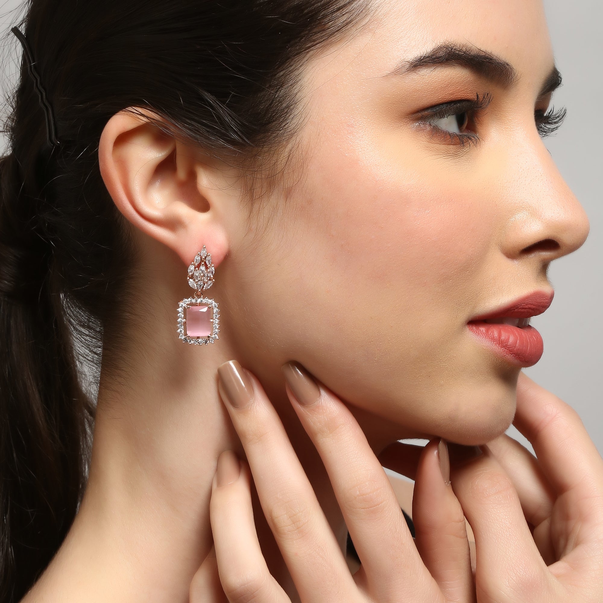 Silver Gold-Plated Pink Stud American Diamond Earrings