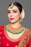 Green Red Gold toned Handcrafted Kundan necklace with matching earrings & Maang Tikka