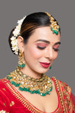 Green Gold Tone Kundan Enameled Necklace And Earrings With Maang Tikka