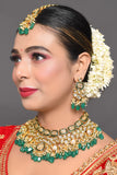 Green Gold Tone Kundan Enameled Necklace And Earrings With Maang Tikka