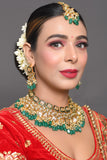 Green Gold Tone Kundan Enameled Necklace And Earrings With Maang Tikka