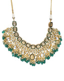 Green Gold Tone Kundan Enameled Necklace And Earrings With Maang Tikka
