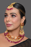 Kundan inspired mahroon enameled Necklace and earrings with Maang Tikka