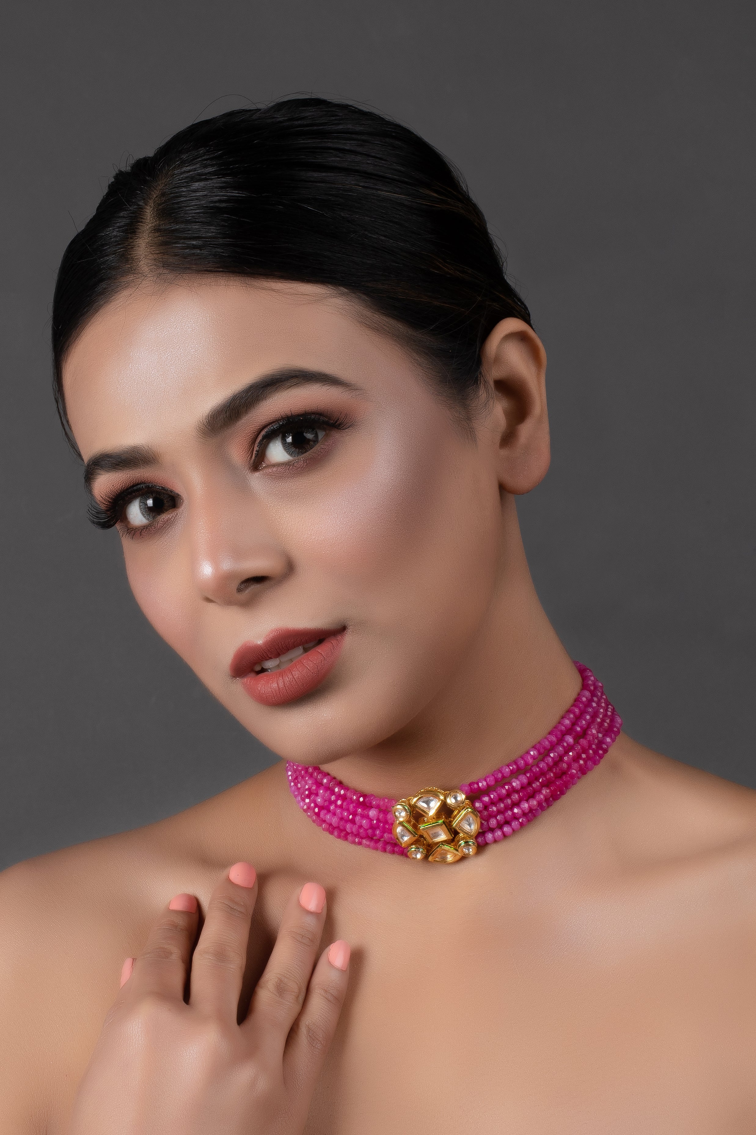 Pink Gold Tone Kundan Beaded Choker Necklace