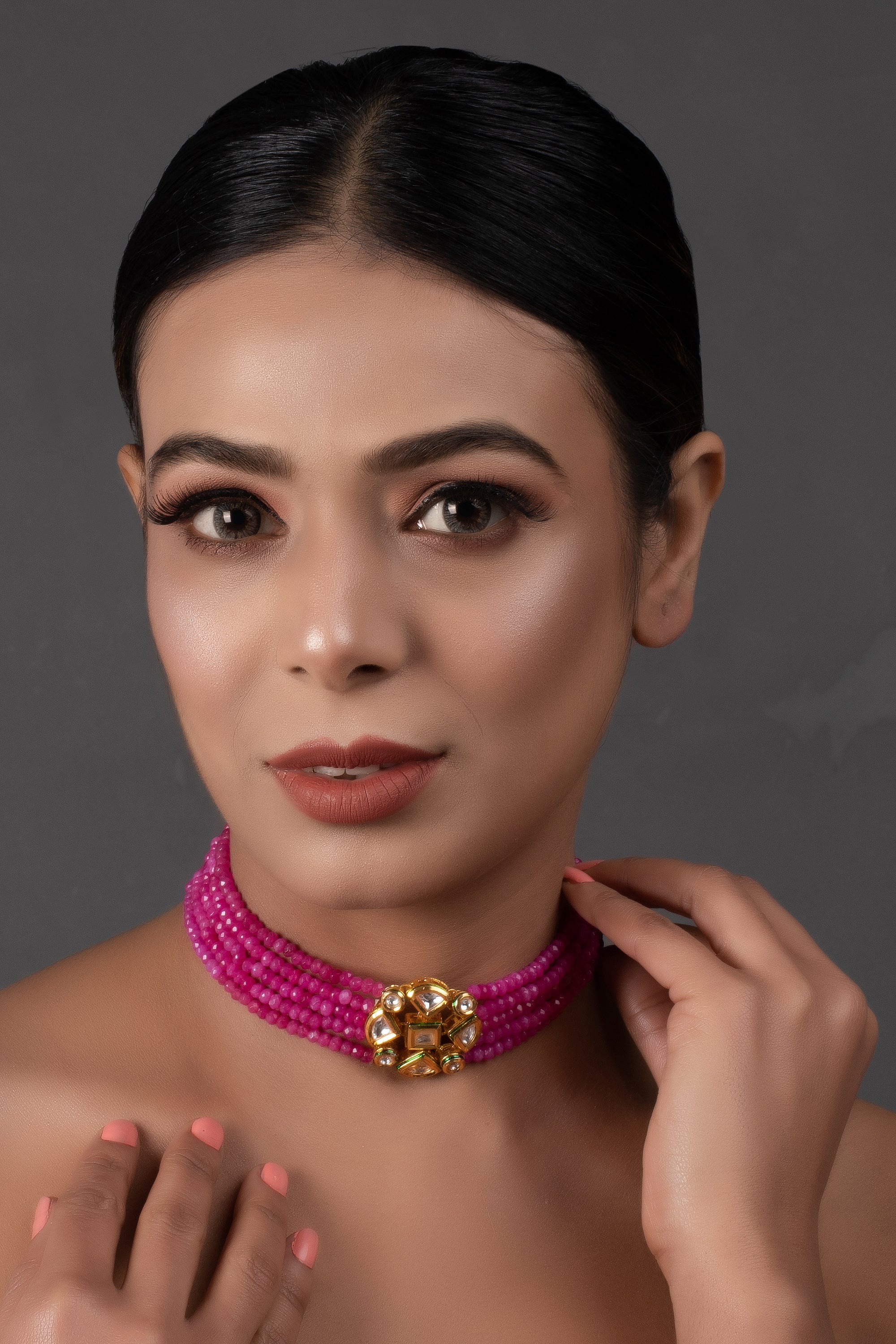 Pink Gold Tone Kundan Beaded Choker Necklace