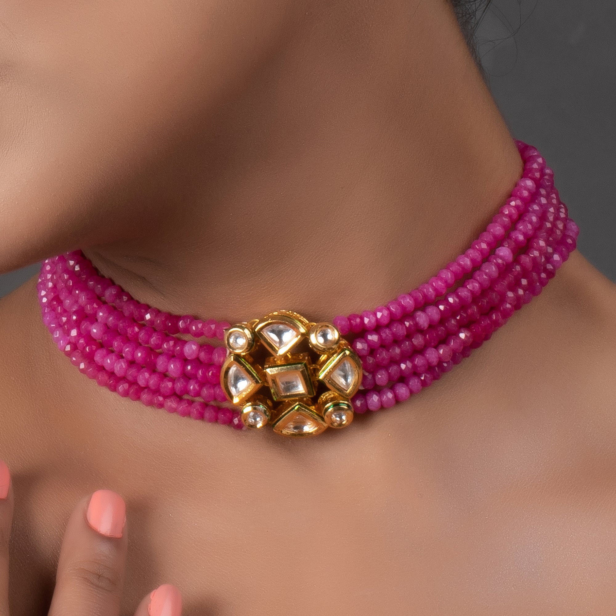 Pink Gold Tone Kundan Beaded Choker Necklace