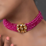 Pink Gold Tone Kundan Beaded Choker Necklace