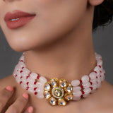 Pastel Pink mahroon beaded Gold Tone Kundan Inspired choker
