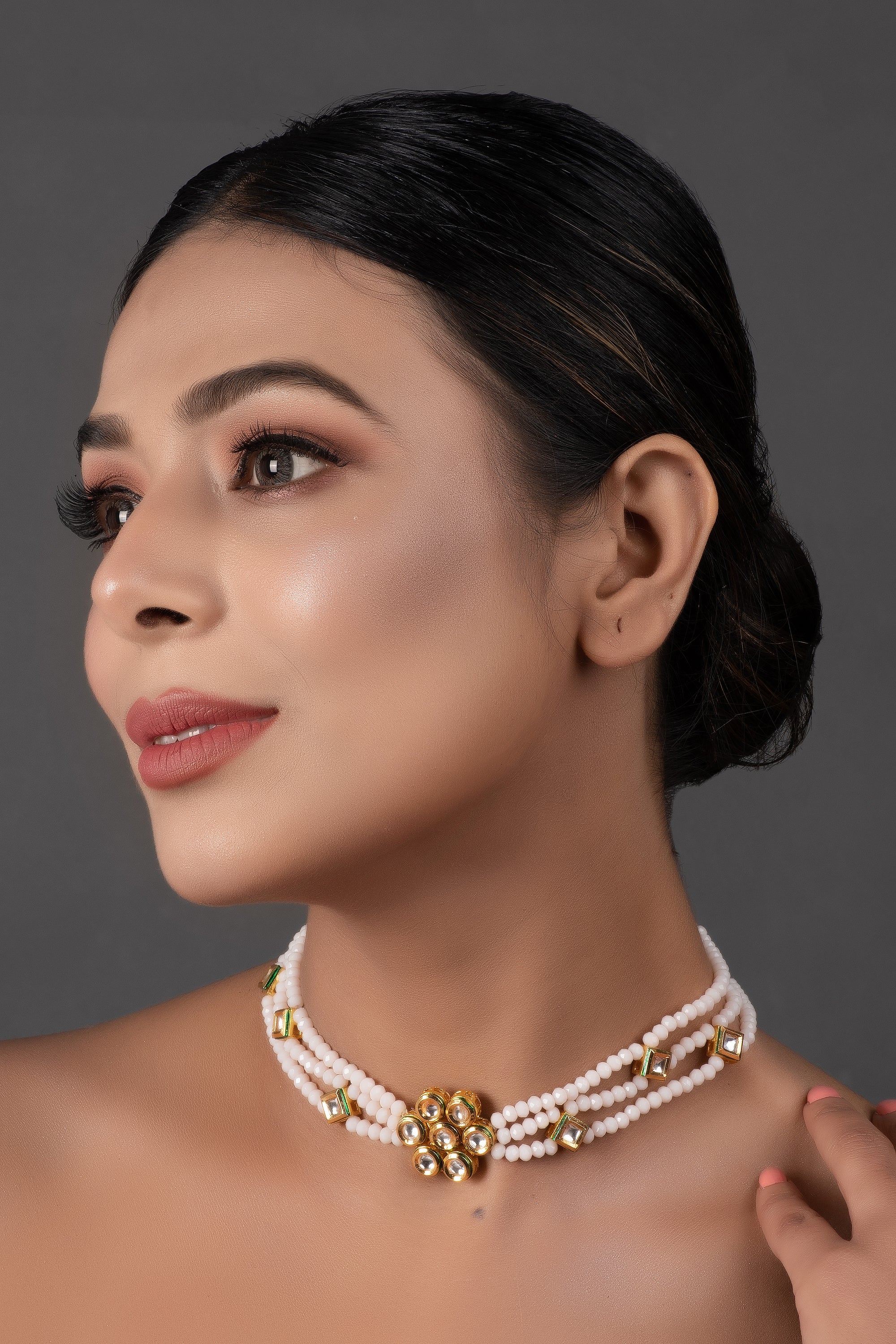 White Gold tone Kundan onyx Choker