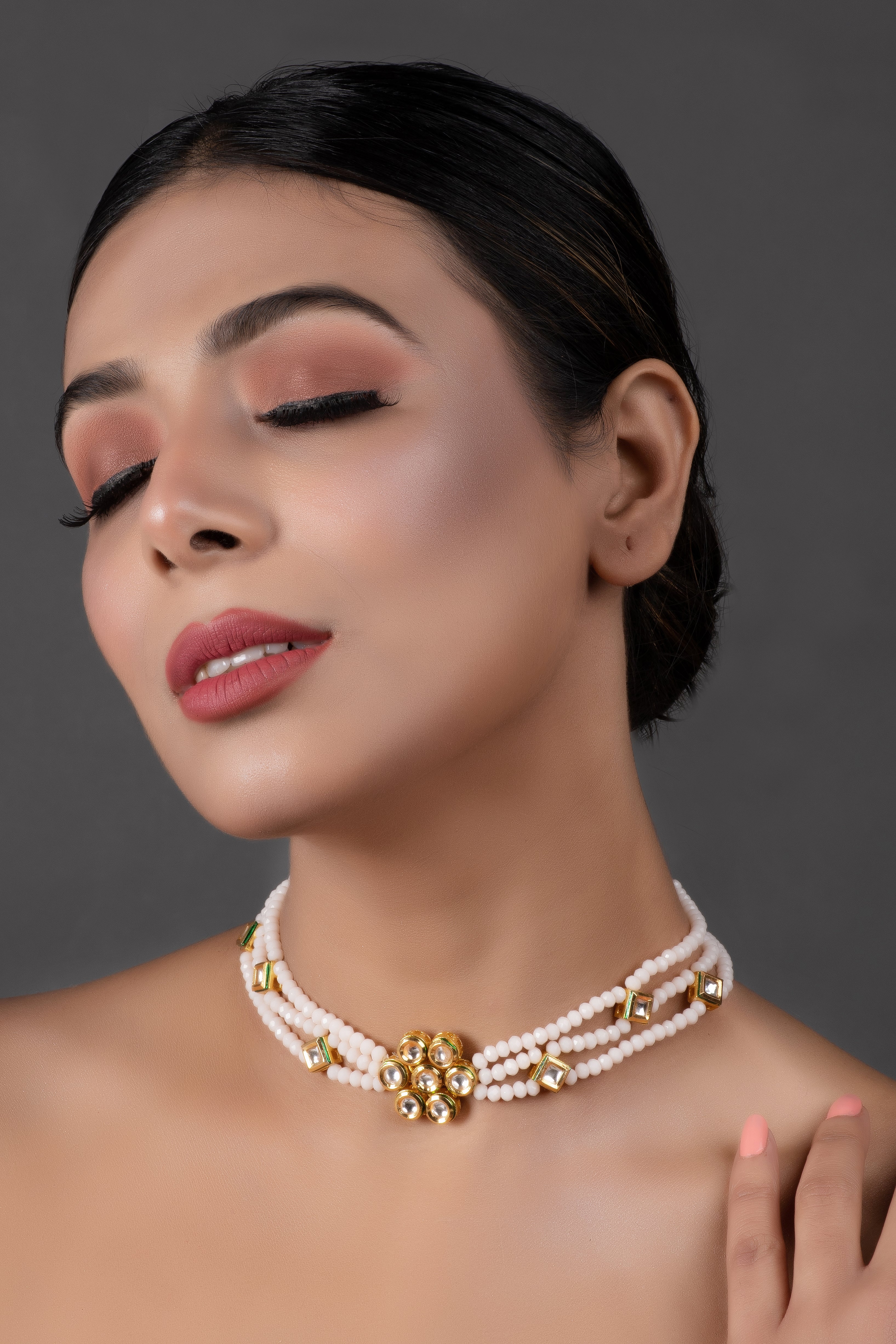 White Gold tone Kundan onyx Choker
